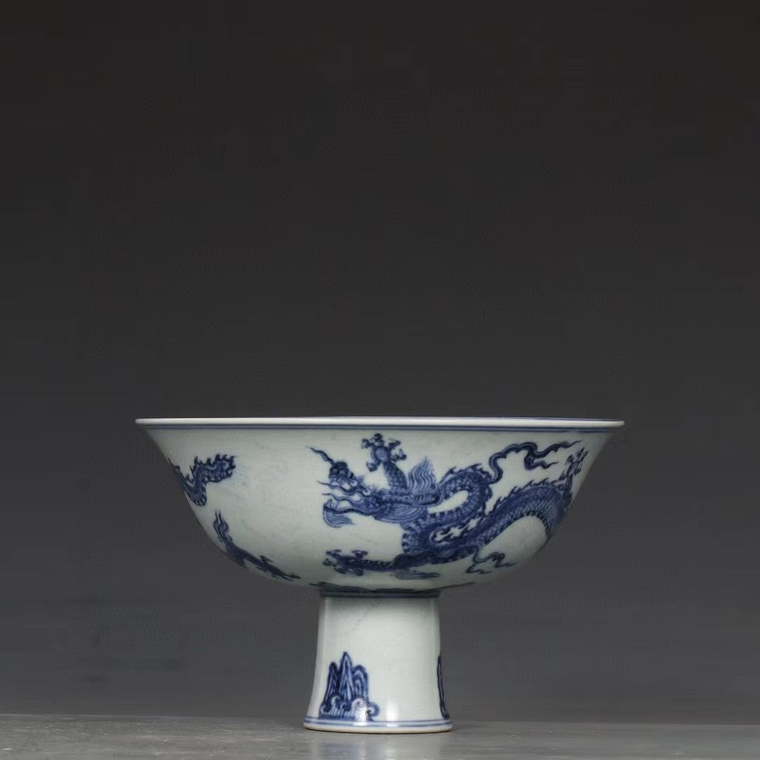 Blue and White Dragon and Sea Wave Stem Cup 059