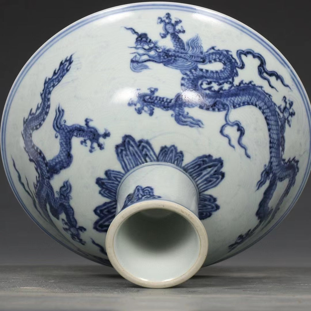 Blue and White Dragon and Sea Wave Stem Cup 059