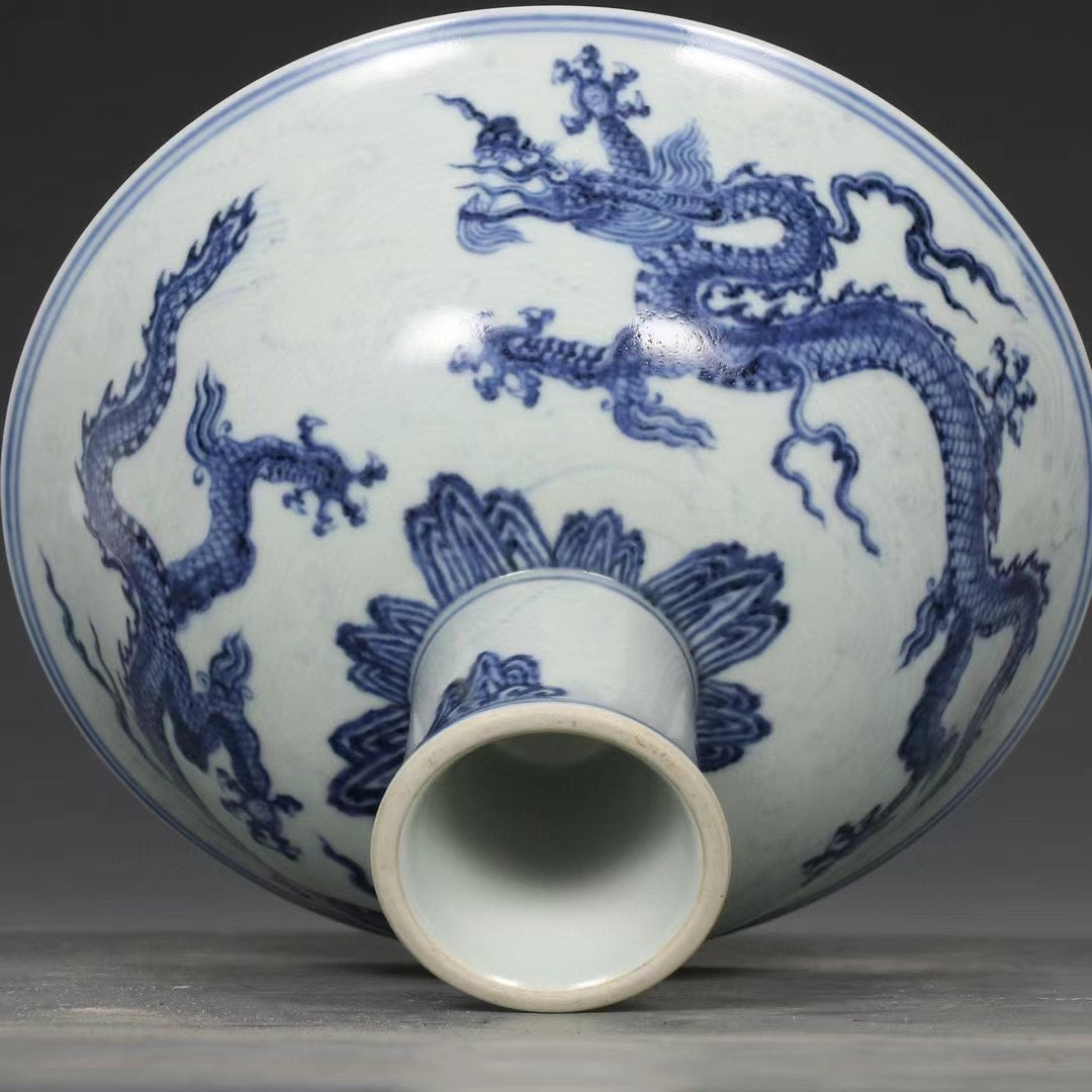 Blue and White Dragon and Sea Wave Stem Cup 059