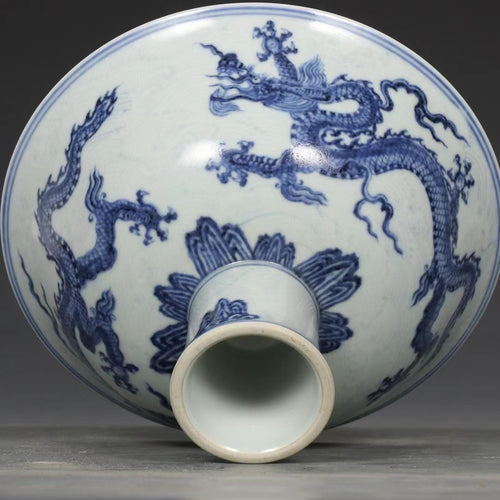 Blue and White Dragon and Sea Wave Stem Cup 059