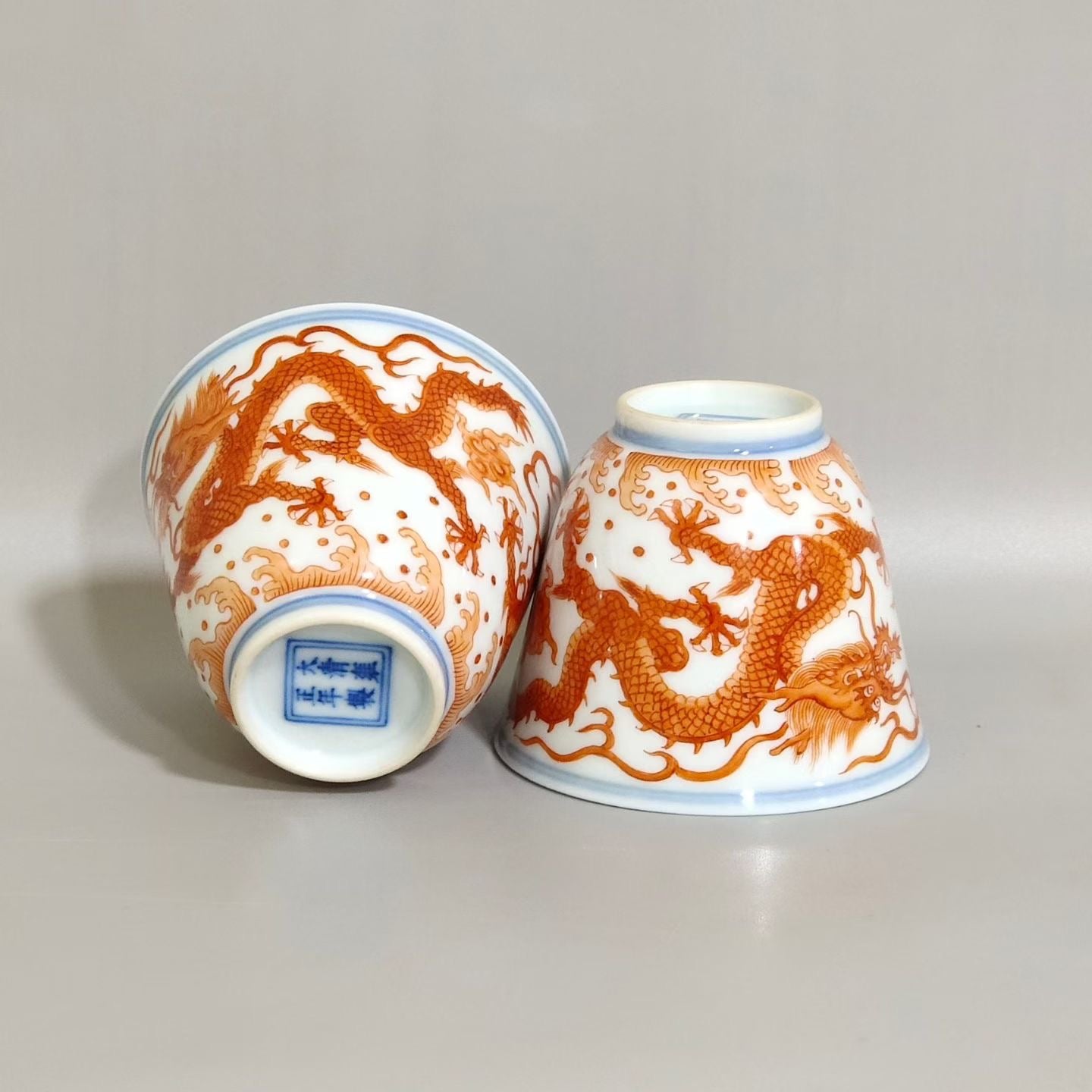 Pair of Iron Red Dragon Porcelain Teacups