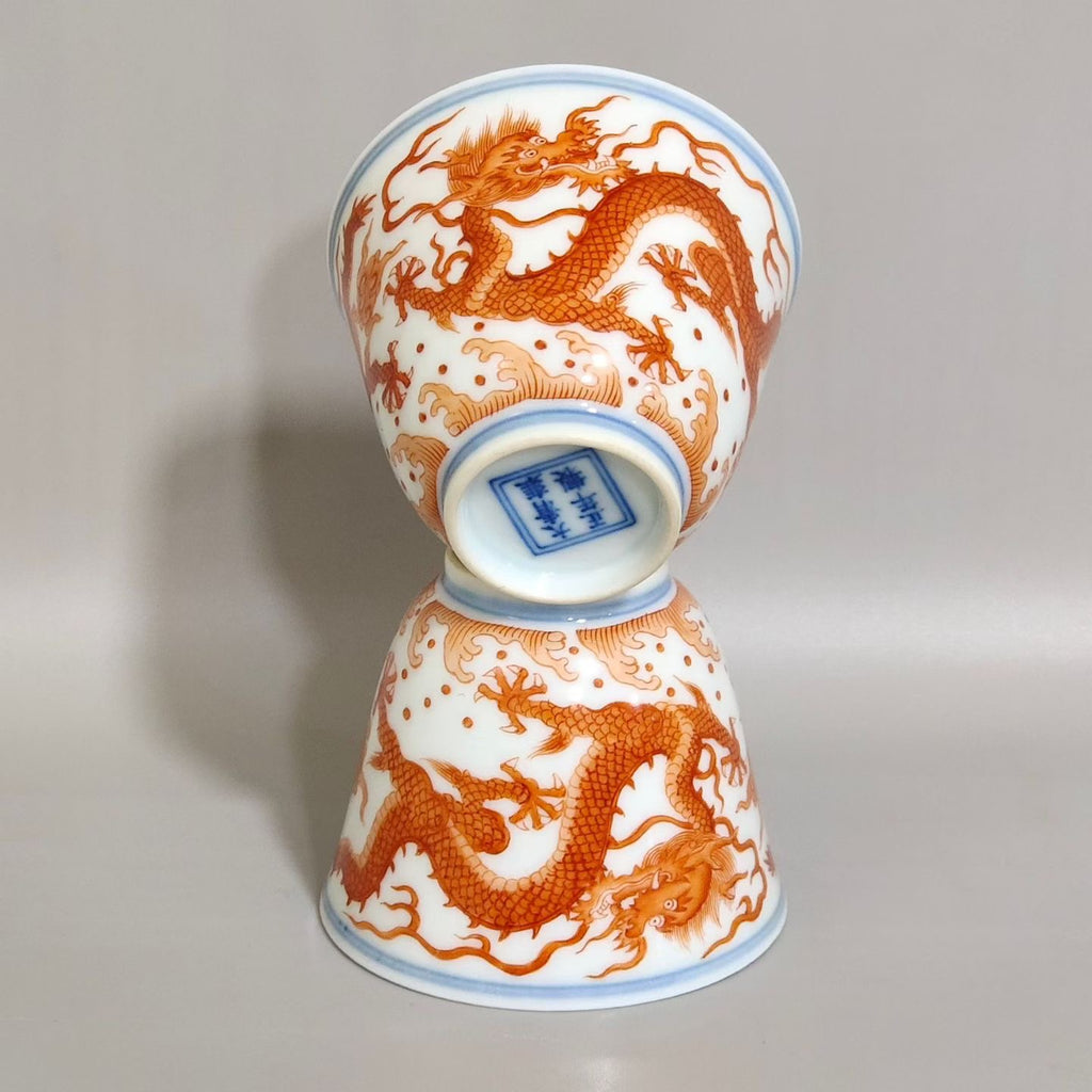 Pair of Iron Red Dragon Porcelain Teacups